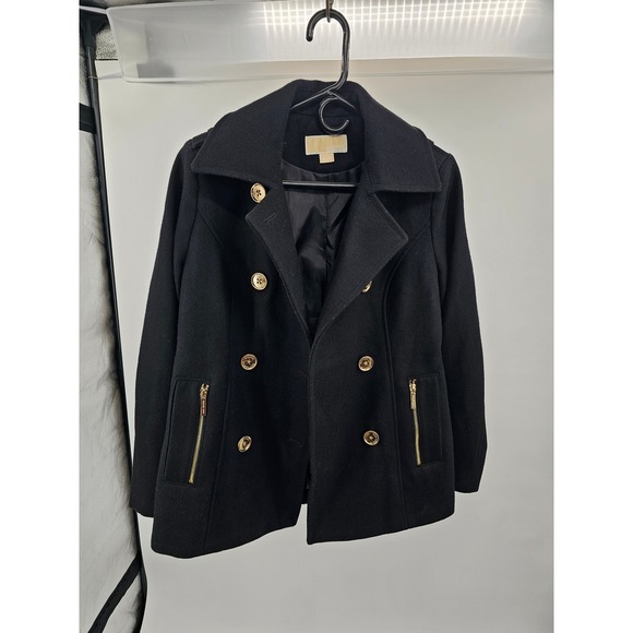Michael Kors Womens Black Double Breasted Gold Button Peacoat Jacket Size 6 - Picture 4 of 6